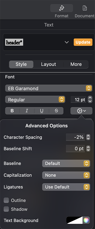 Updating the letter spacing in Pages